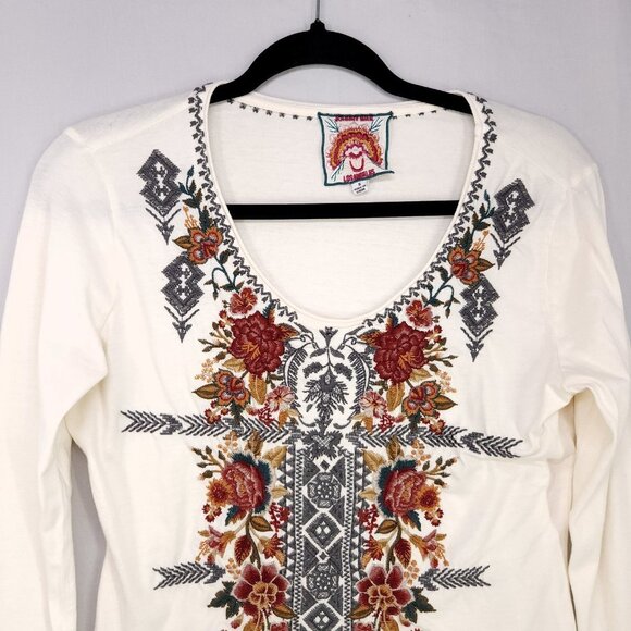 Johnny Was Zaret Long Sleeve Shirt Size Small Embroidered Floral Front Ivory Tee - Picture 2 of 13